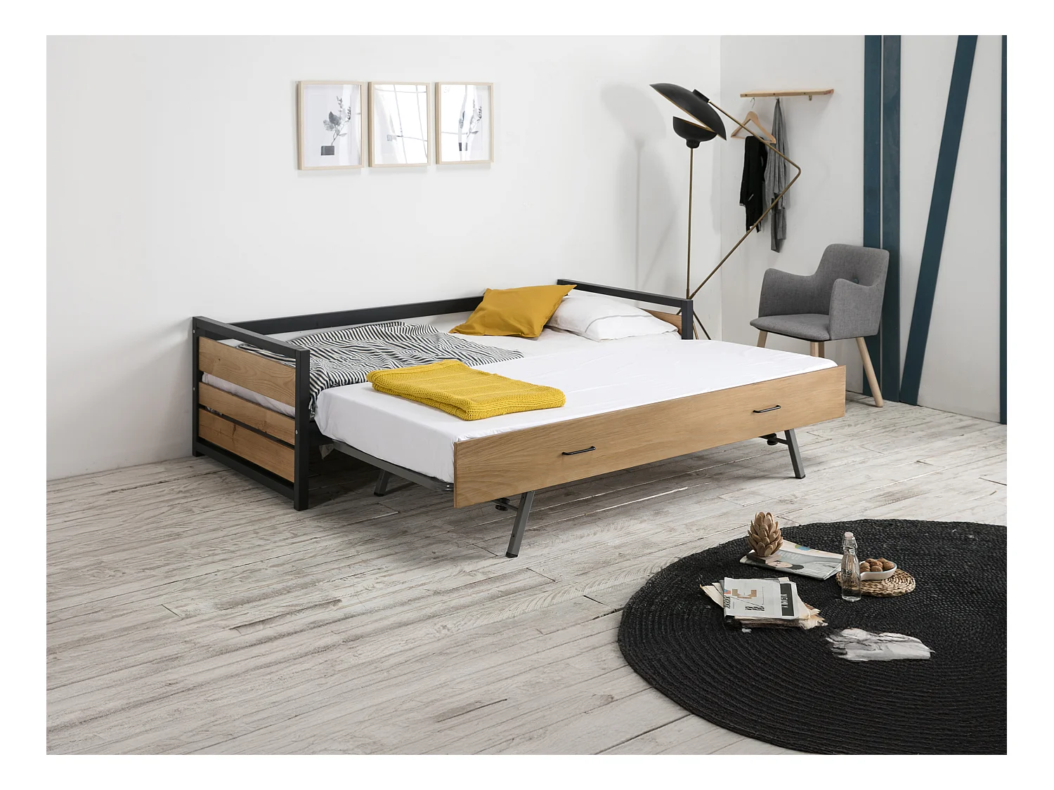 Lit gigogne industriel BOSTON - 2 x 90 x 190 cm - MDF, Pin et métal - Coloris : Noyer et anthracite + Matelas