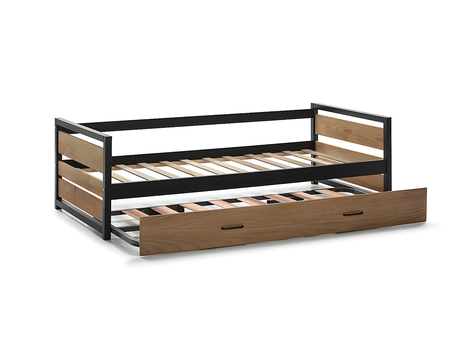 Lit gigogne industriel BOSTON - 2 x 90 x 190 cm - MDF, Pin et métal - Coloris : Noyer et anthracite + Matelas