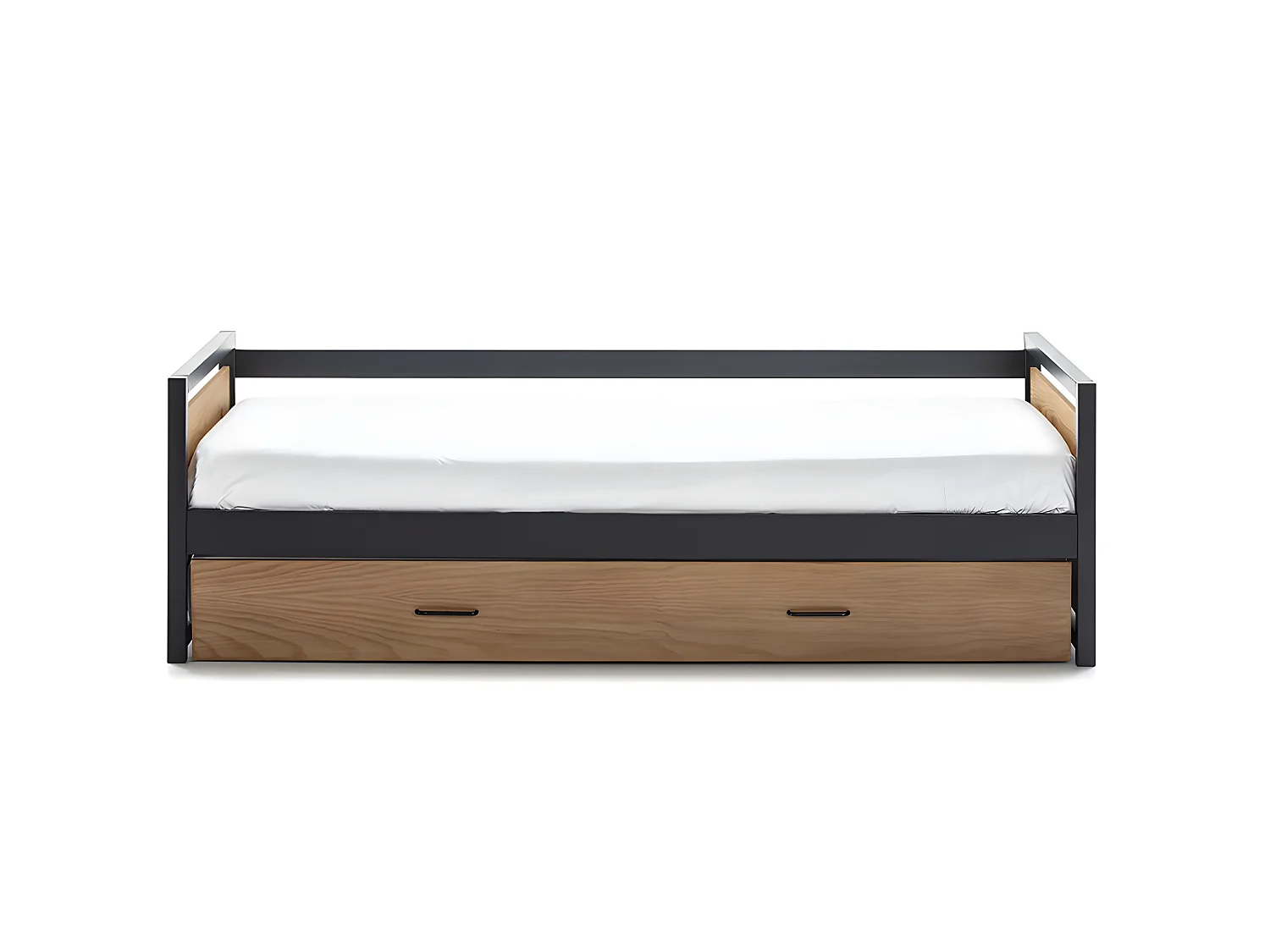 Lit gigogne industriel BOSTON - 2 x 90 x 190 cm - MDF, Pin et métal - Coloris : Noyer et anthracite + Matelas