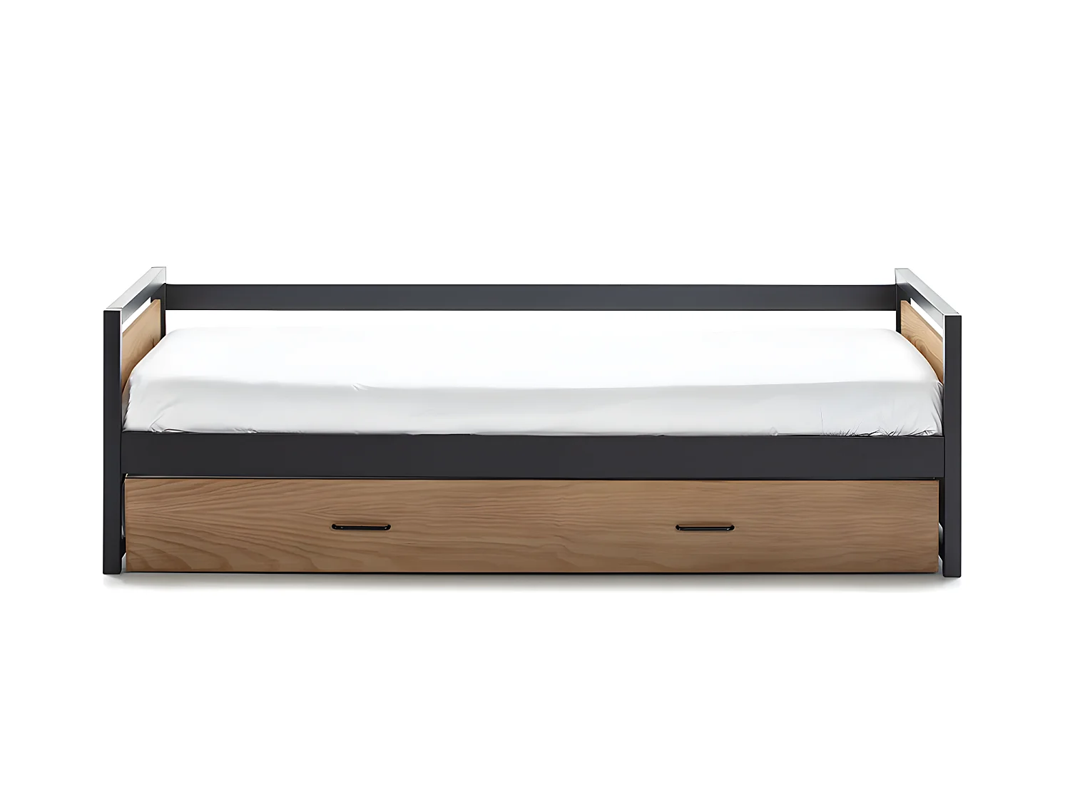 Lit gigogne industriel BOSTON - 2 x 90 x 190 cm - MDF, Pin et métal - Coloris : Noyer et anthracite + Matelas