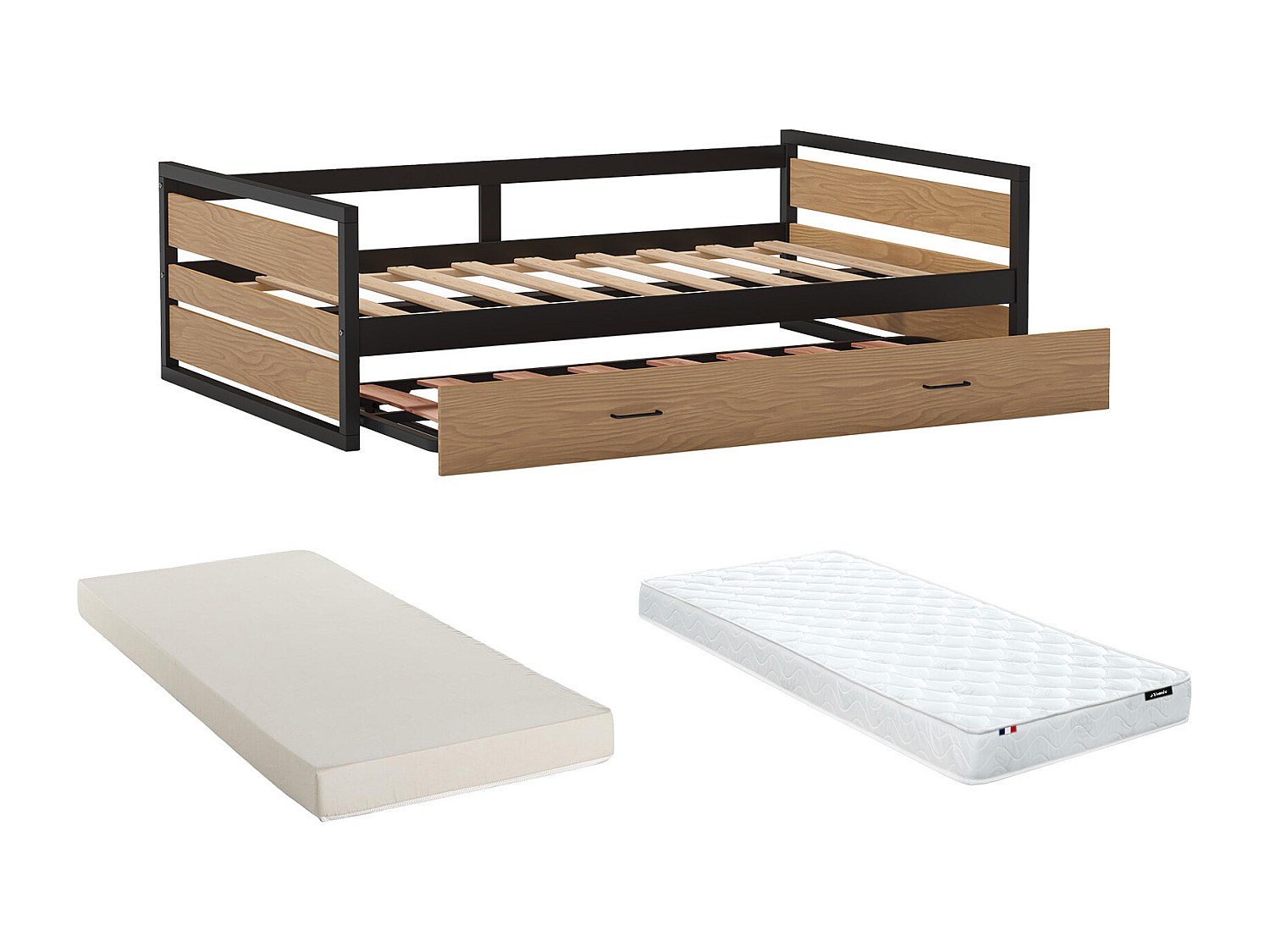 Ausziehbett + Matratzen - 2 x 90 x 190 cm - MDF, Kiefernholz & Metall - Nus günstig online kaufen
