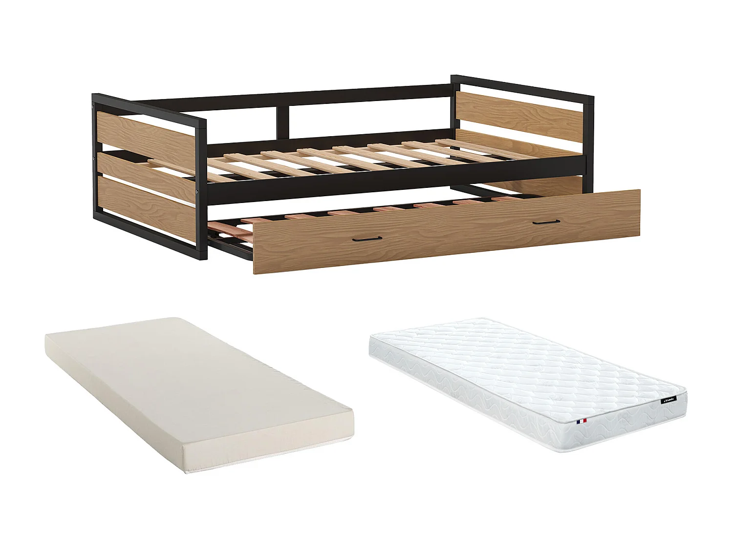 Lit gigogne industriel BOSTON - 2 x 90 x 190 cm - MDF, Pin et métal - Coloris : Noyer et anthracite + Matelas