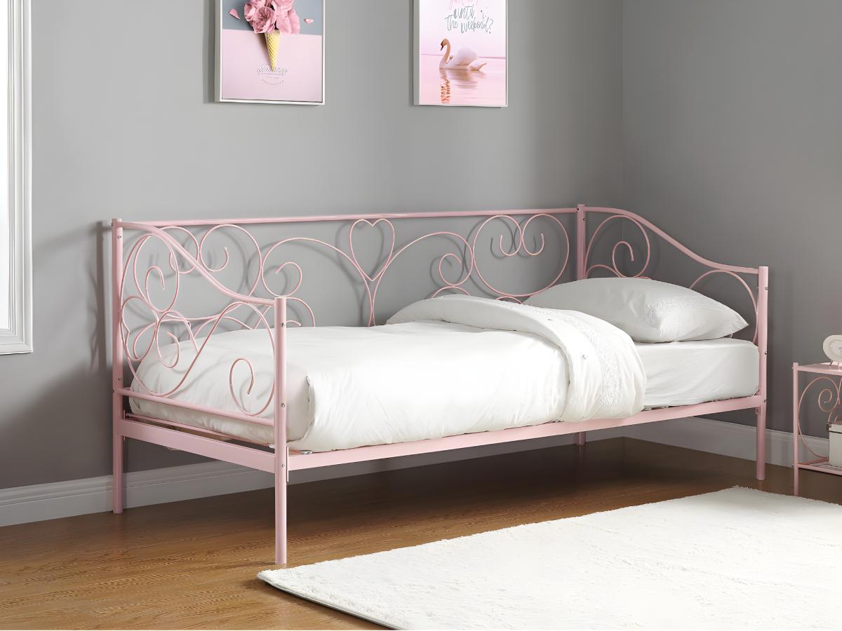 Cama banco 90 x 200 cm de metal rosa con somier y colchón VIVIAN