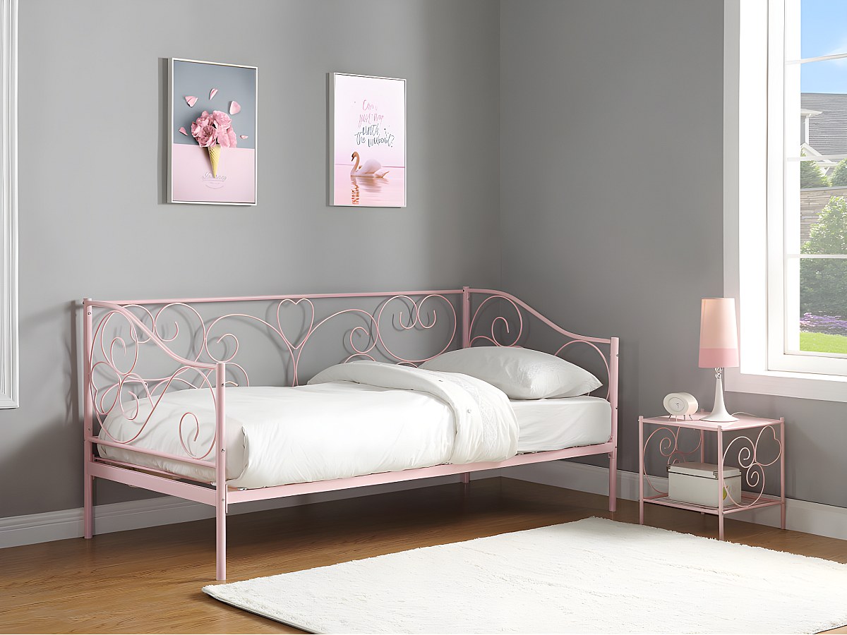 Cama banco 90 x 200 cm de metal rosa con somier y colchón VIVIAN