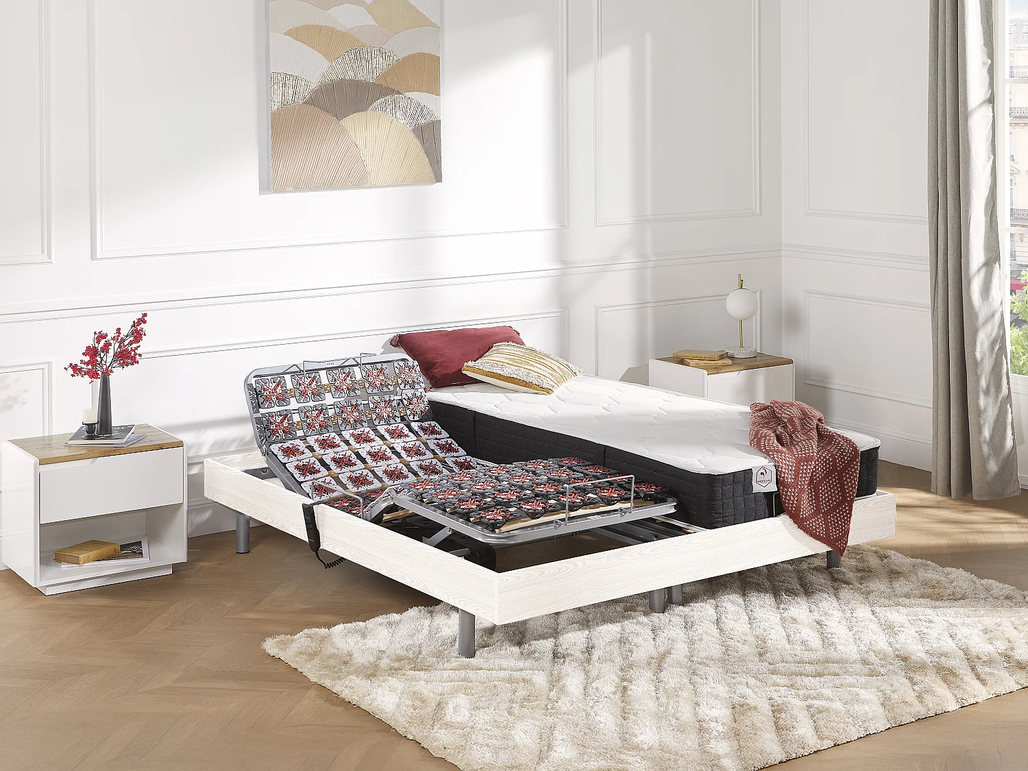 Lit électrique de relaxation tout plots + matelas ressorts ensachés et mémoire forme - 2 x 90 x 200 cm - Blanc - PHANES de YSMÉE