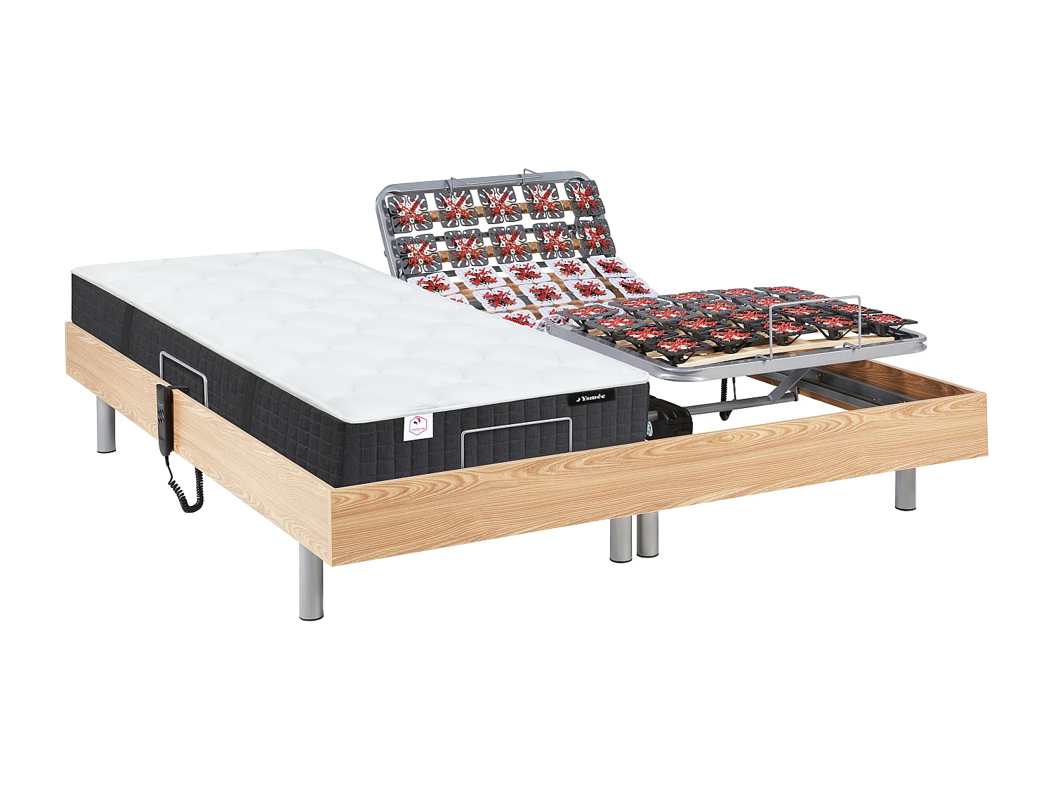 Lit électrique de relaxation tout plots + matelas ressorts ensachés et mémoire forme - 2 x 90 x 200 cm - Chêne - PHANES de YSMÉE