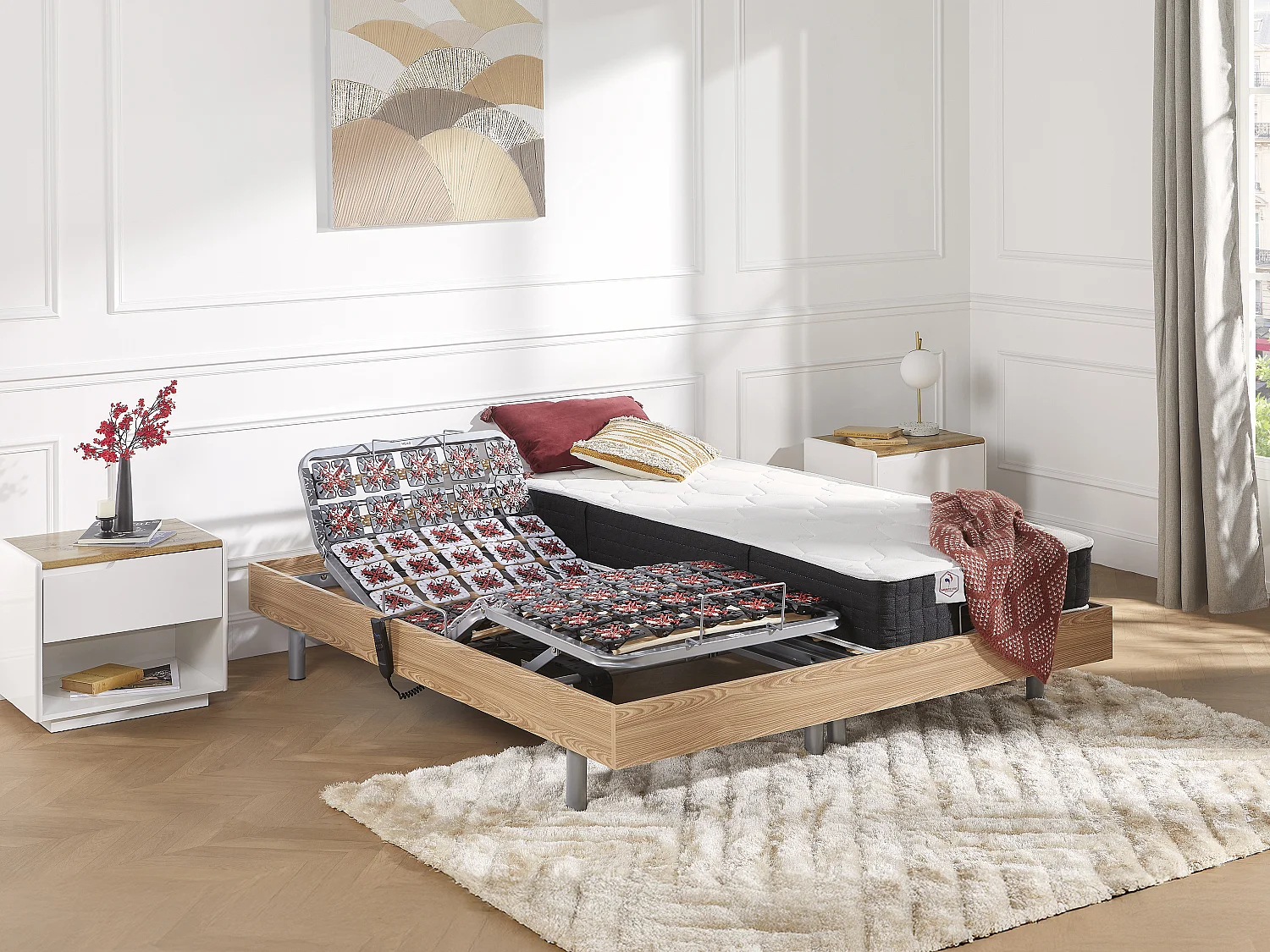 Lit électrique de relaxation tout plots + matelas ressorts ensachés et mémoire forme - 2 x 90 x 200 cm - Chêne - PHANES de YSMÉE