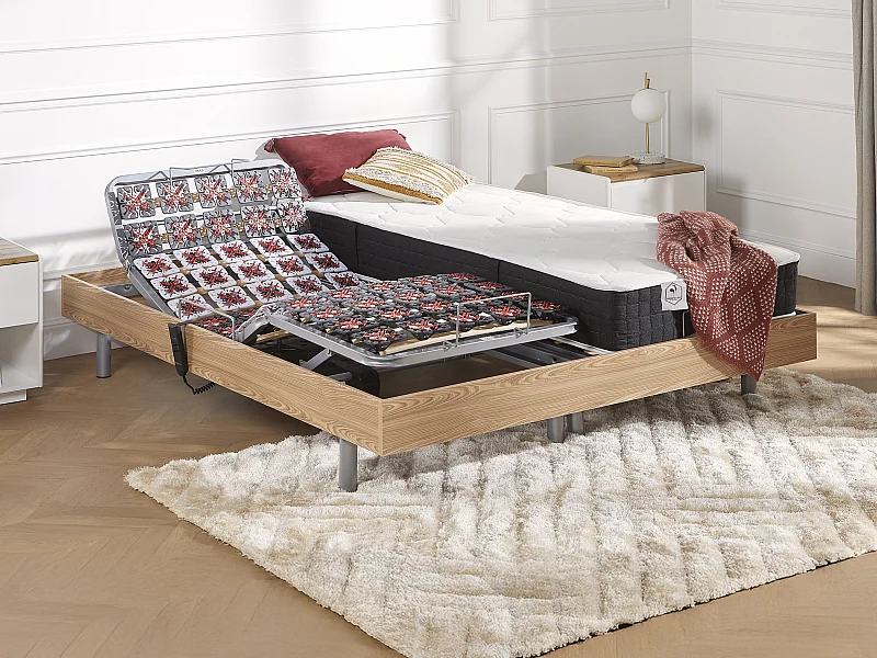 Lit électrique de relaxation tout plots + matelas ressorts ensachés et mémoire forme - 2 x 90 x 200 cm - Chêne - PHANES de YSMÉE