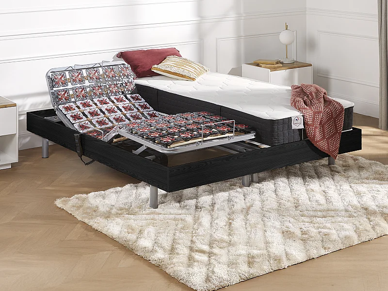Lit électrique de relaxation tout plots + matelas ressorts ensachés et mémoire forme - 2 x 90 x 200 cm - Noir - PHANES de YSMÉE