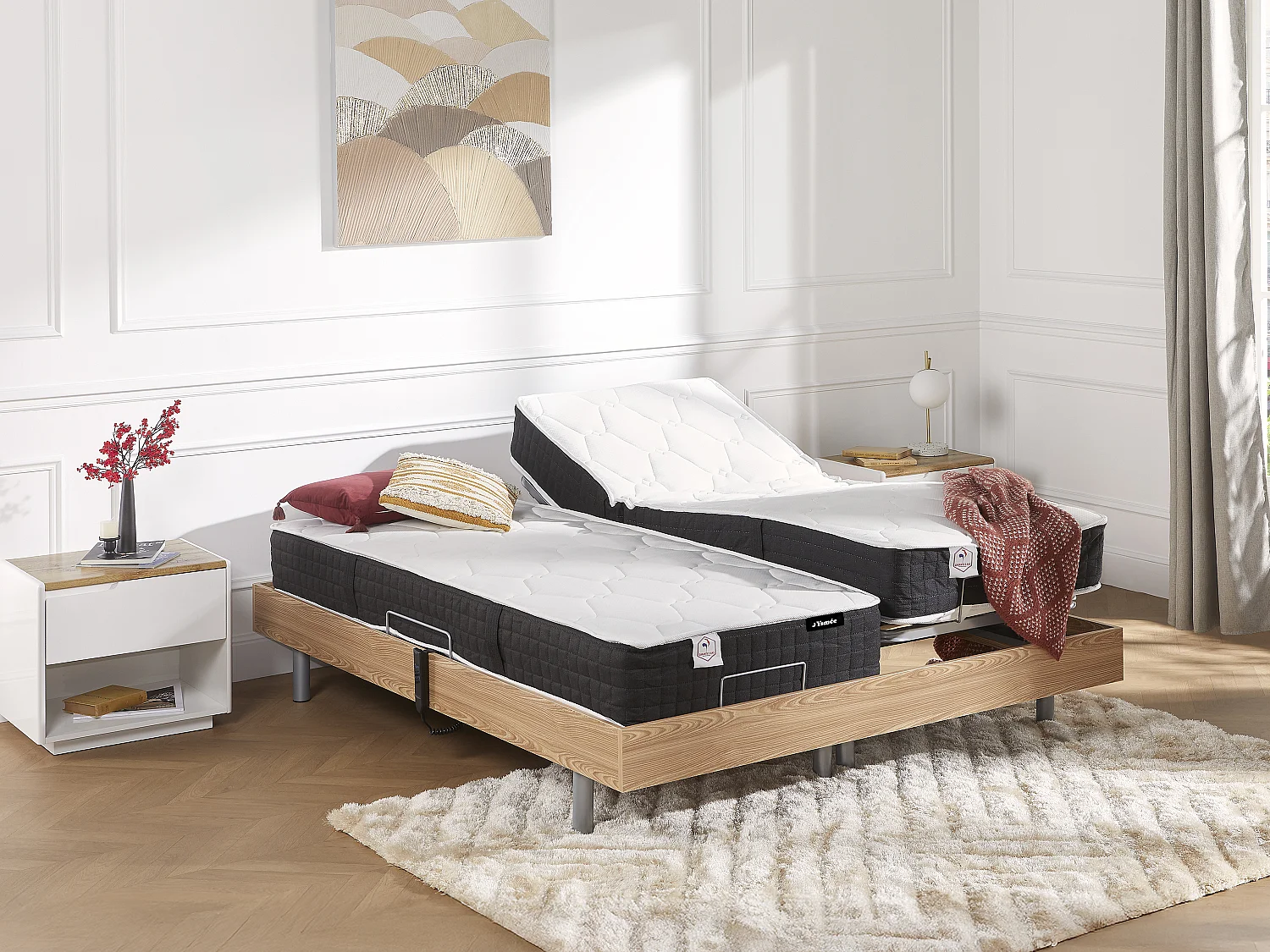 Lit électrique de relaxation tout plots + matelas ressorts ensachés et mémoire forme - 2 x 80 x 200 cm - Chêne - PHANES de YSMÉE