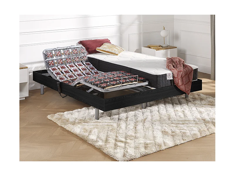 Lit électrique de relaxation tout plots + matelas ressorts ensachés et mémoire forme - 2 x 80 x 200 cm - Noir - PHANES de YSMÉE