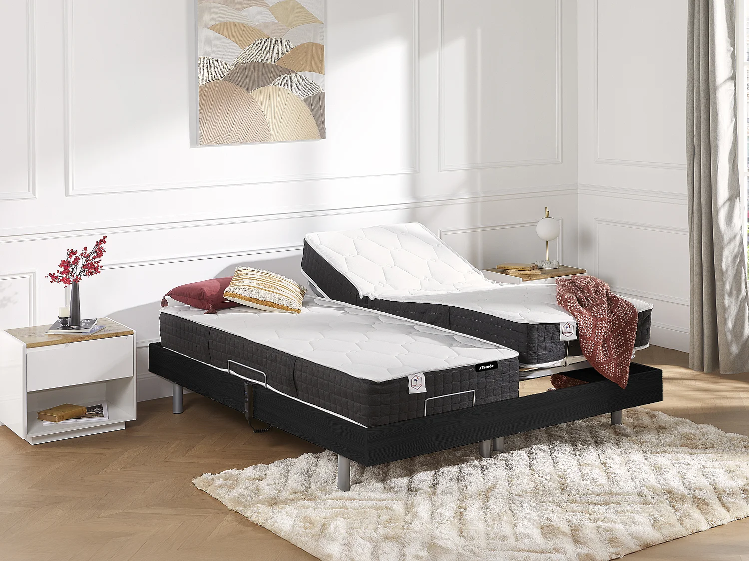 Lit électrique de relaxation tout plots + matelas ressorts ensachés et mémoire forme - 2 x 80 x 200 cm - Noir - PHANES de YSMÉE