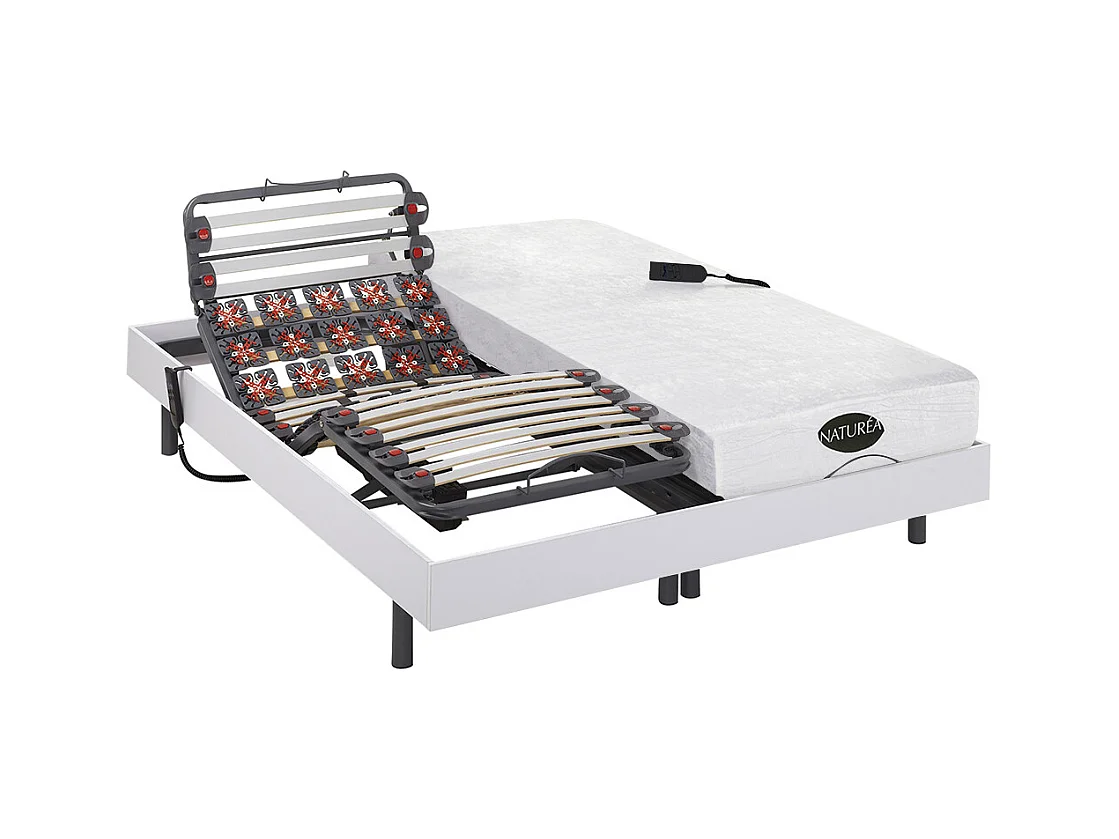 Verstelbaar relaxbed met contactplaatjes en latten en matras met vormgeheugen en bamboe DAMYSOS van NATUREA - motors OKIN - 2x80x200 cm - Wit