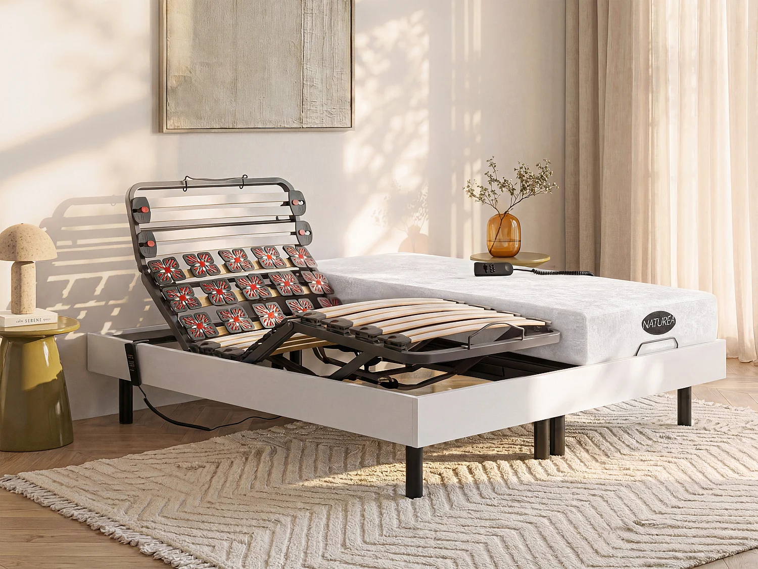 Verstelbaar relaxbed met contactplaatjes en latten en matras met vormgeheugen en bamboe DAMYSOS van NATUREA - motors OKIN - 2x80x200 cm - Wit