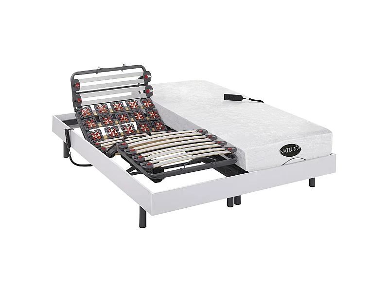 Lit électrique de relaxation lattes et plots + matelas mémoire de forme et bambou - 2 x 90 x 200 cm - Blanc - DAMYSOS de NATUREA