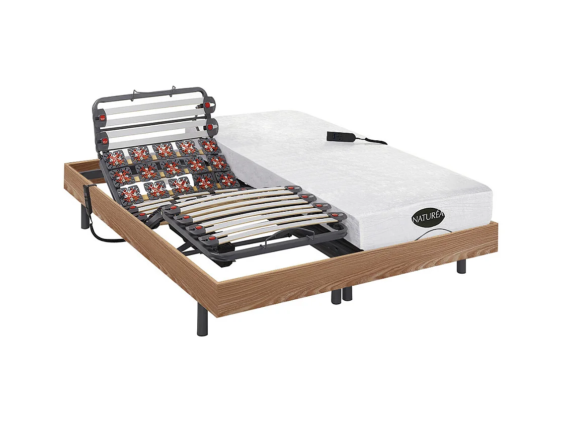 Lit électrique de relaxation lattes et plots + matelas mémoire de forme et bambou - 2 x 80 x 200 cm - Chêne - DAMYSOS de NATUREA