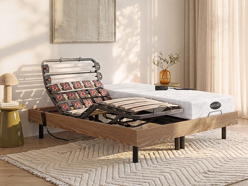 Letto relax elettrico doghe e sospensioni 2 x 80 x 200 cm materasso memory e bambù Rovere DAMYSOS di NATUREA con motori OKIN