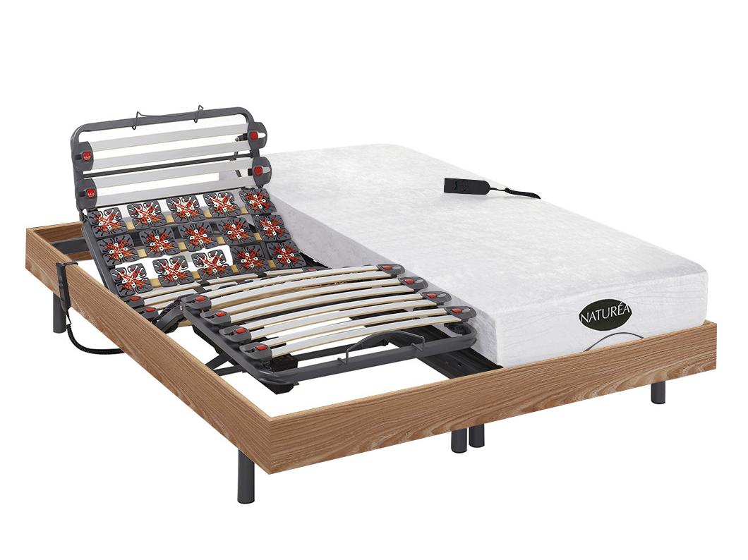 Lit électrique de relaxation lattes et plots + matelas mémoire de forme et bambou - 2 x 80 x 200 cm - Chêne - DAMYSOS de NATUREA