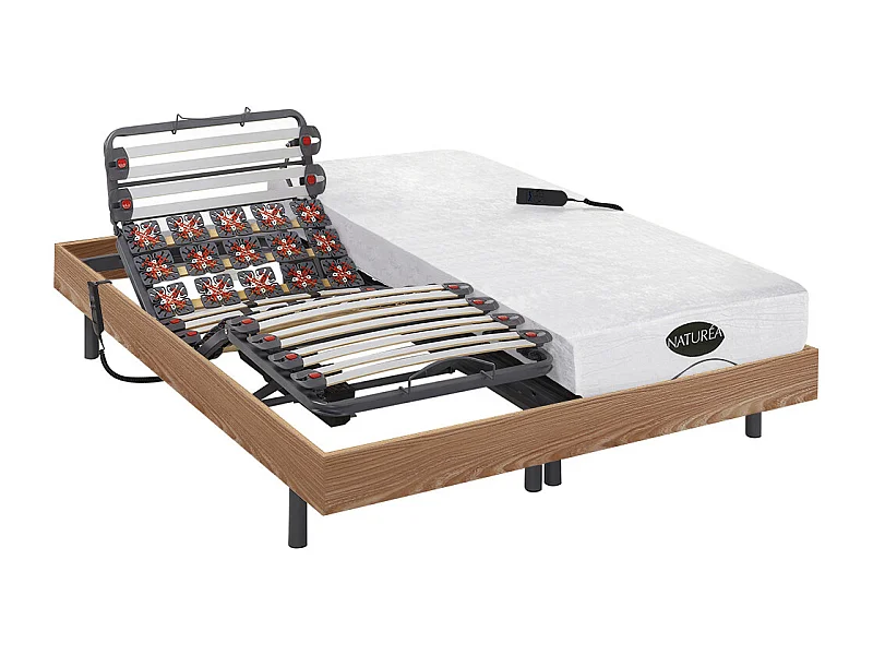 Lit électrique de relaxation lattes et plots + matelas mémoire de forme et bambou - 2 x 90 x 200 cm - Chêne - DAMYSOS de NATUREA