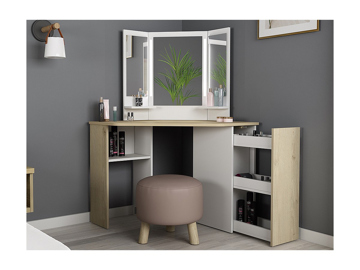 LED Eck-Schminktisch CHARLENE - Weiß & Eichefarben kaufen