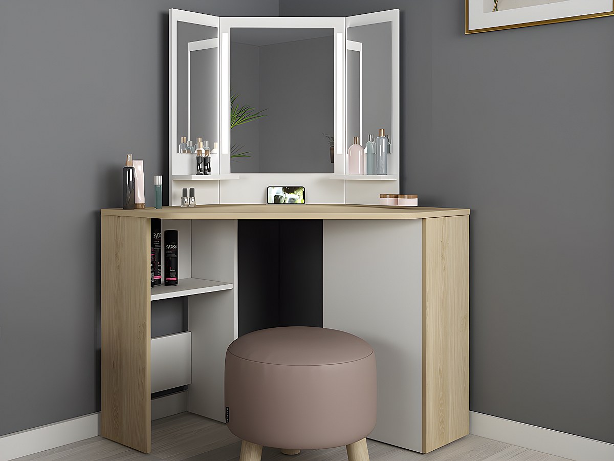 Tocador rinconera espejo y compartimentos CHARLENE roble