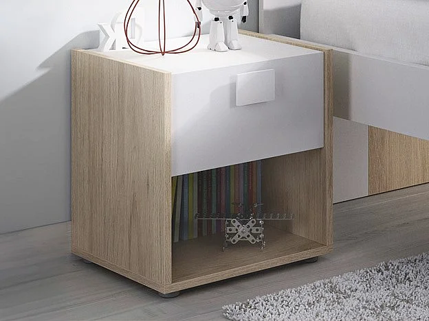 Mesa de cabeceira com 1 gaveta e 1 nicho disponível em Carvalho e Branco - SONIA
