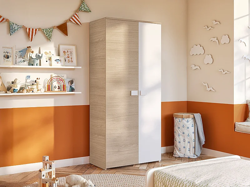 Armoire SONIA - 2 portes - L90cm - Coloris : Chêne et blanc