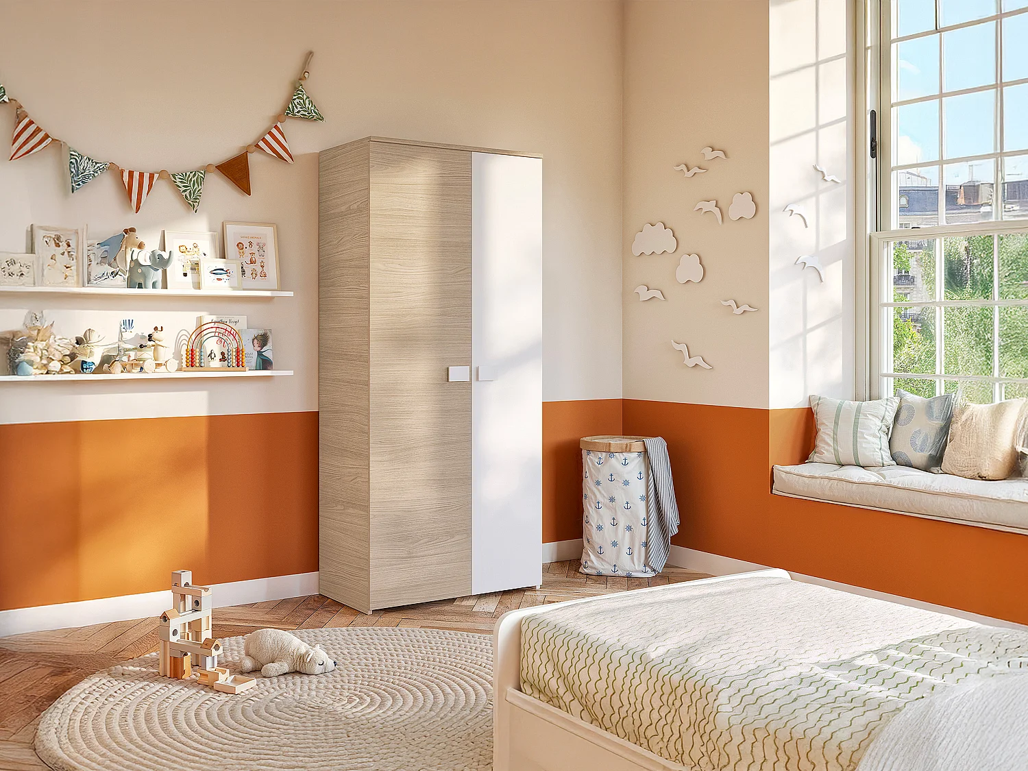 Kleiderschrank mit 2 Türen - B. 90 cm - Eichefarben & Weiß - SONIA