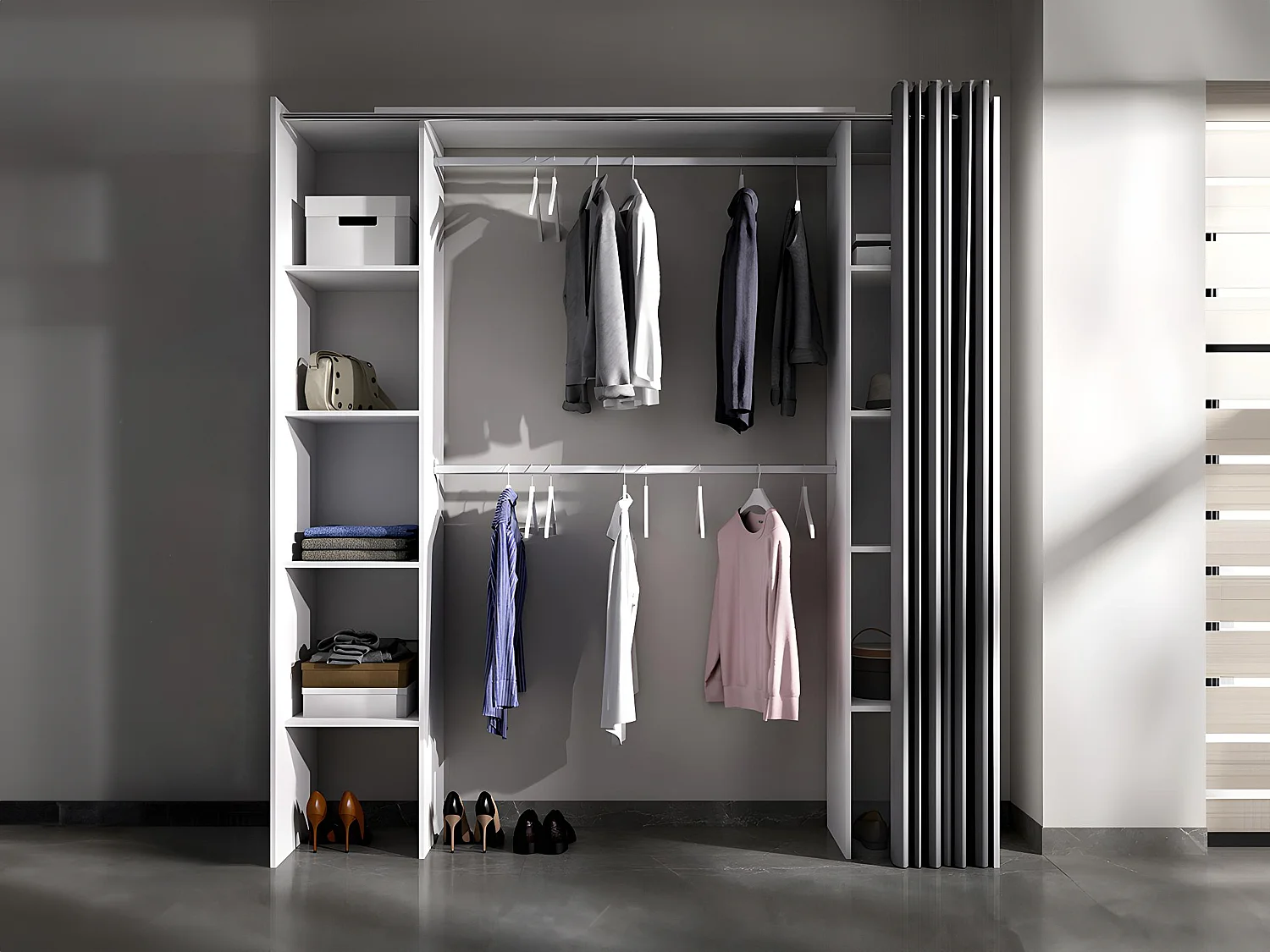 Roupeiro aberto extensível com cortina disponível em Branco e cinza - C110 / 180cm - DORIAN