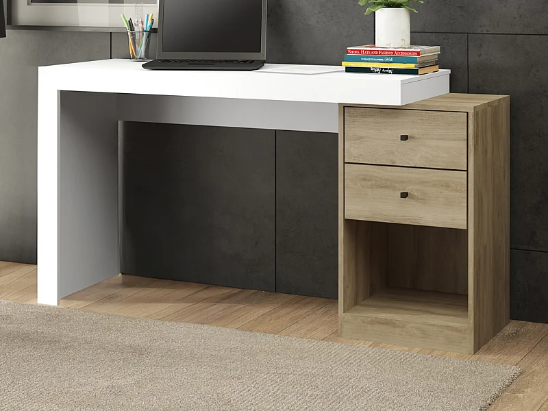 Secretária extensível com 2 gavetas e 1 nicho Branco e Carvalho - EVAN