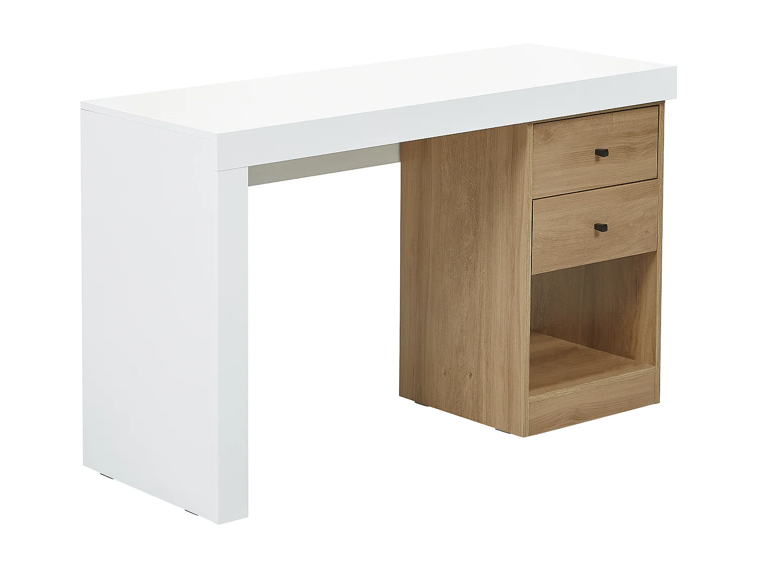 Bureau extensible 2 tiroirs et 1 niche - Coloris : Blanc et naturel - EVAN