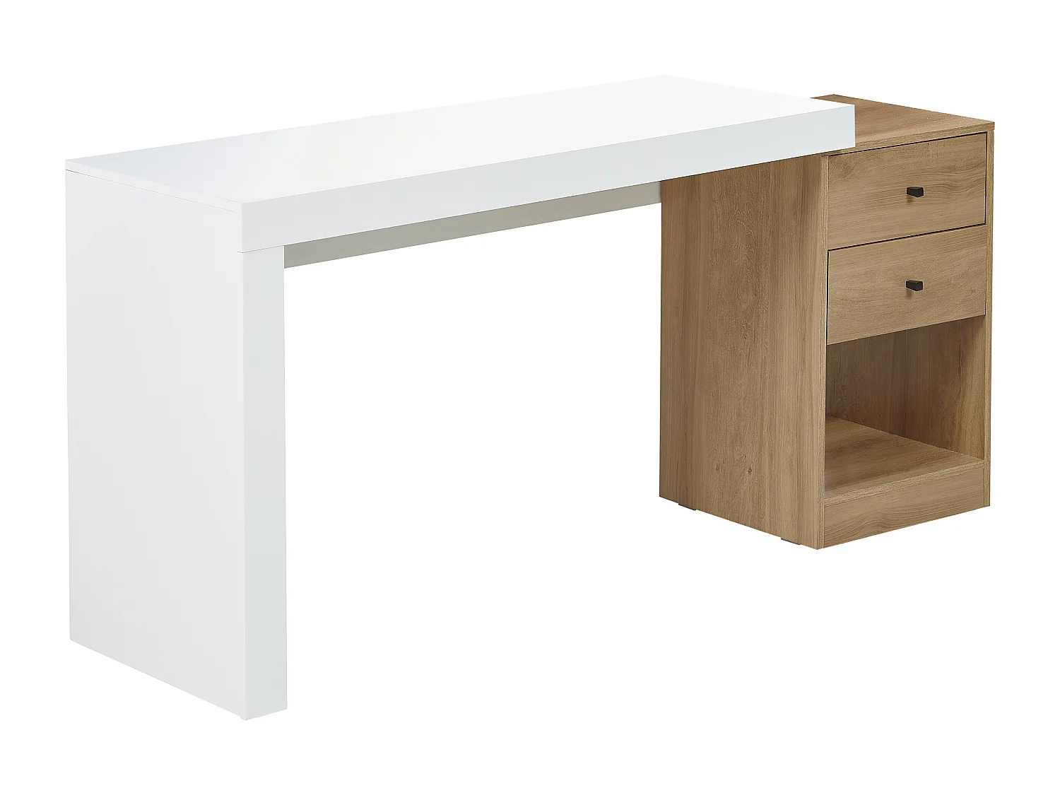 Bureau extensible 2 tiroirs et 1 niche - Coloris : Blanc et naturel - EVAN
