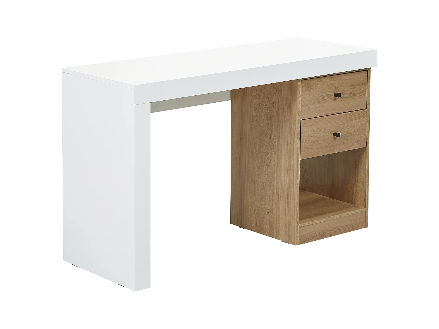 Escritorio extensible - 2 cajones y 1 estante - Blanco y natural - EVAN