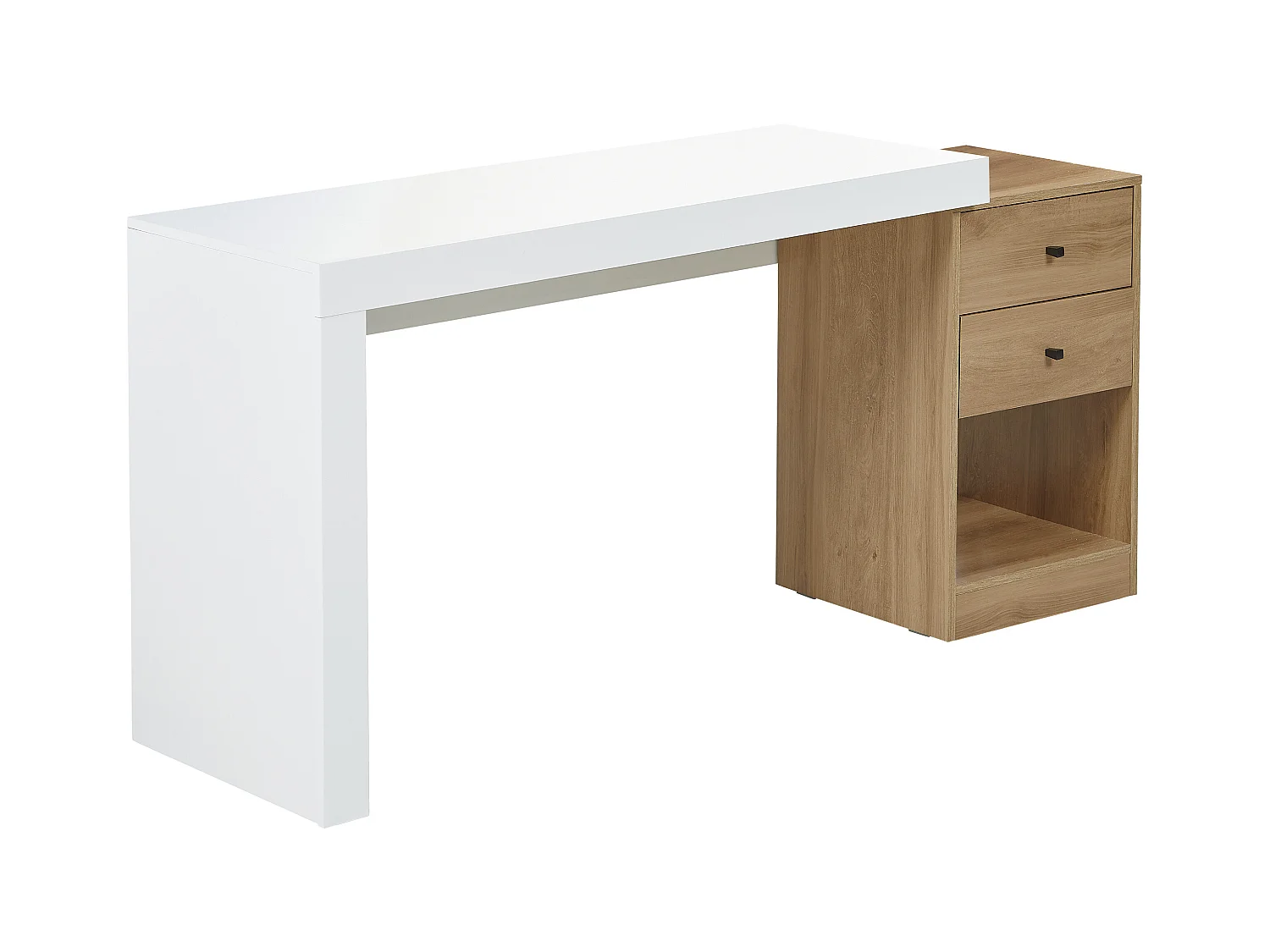 Escritorio extensible - 2 cajones y 1 estante - Blanco y natural - EVAN