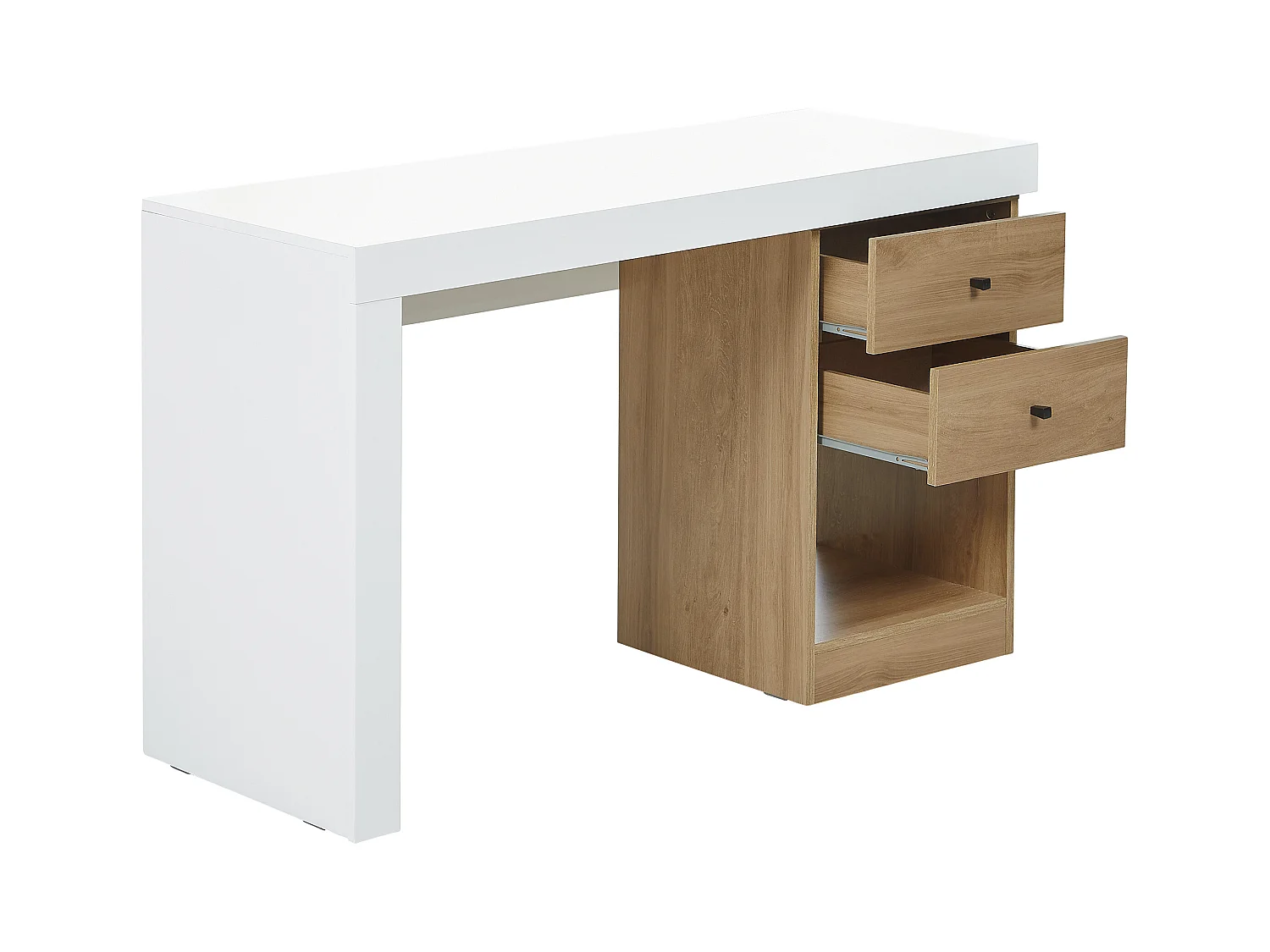 Escritorio extensible - 2 cajones y 1 estante - Blanco y natural - EVAN