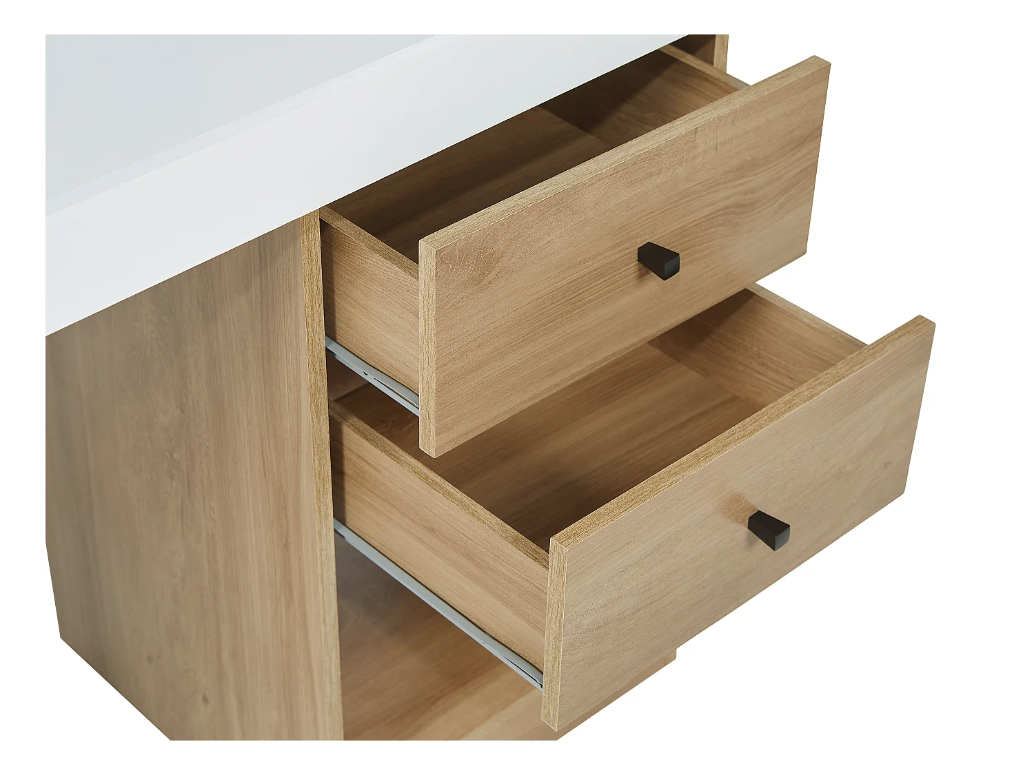 Escritorio extensible - 2 cajones y 1 estante - Blanco y natural - EVAN