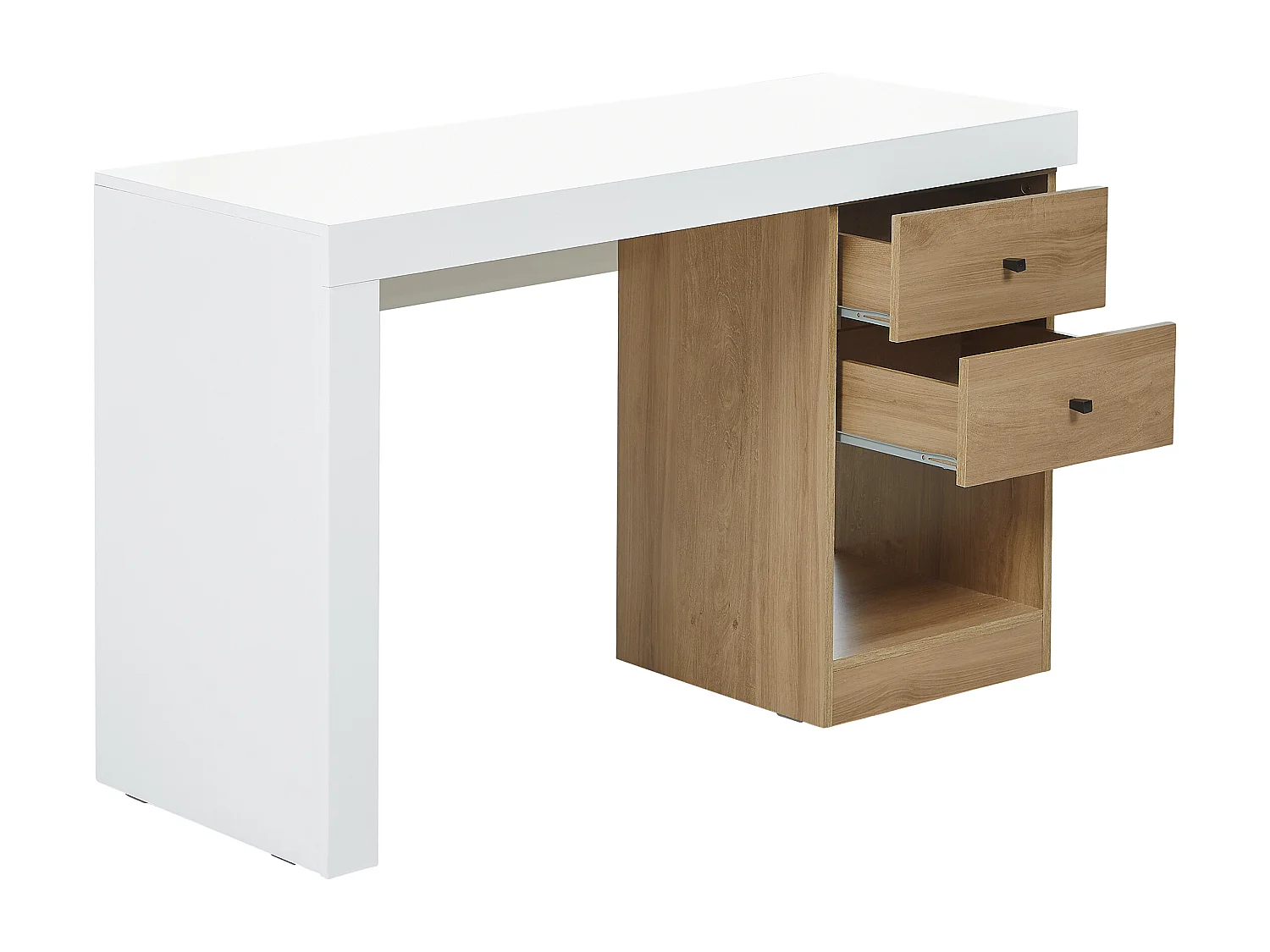 Uitschuifbaar bureau - 2 lades en 1 nis - Kleur: Wit & eik - EVAN