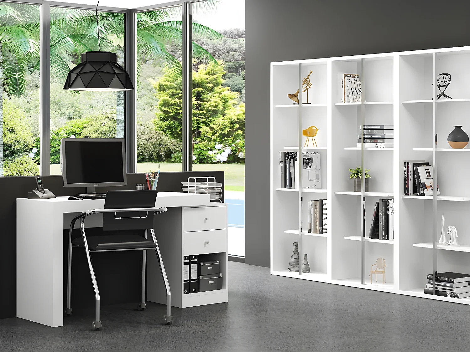 Bureau extensible 2 tiroirs et 1 niche - Coloris : Blanc - EVAN
