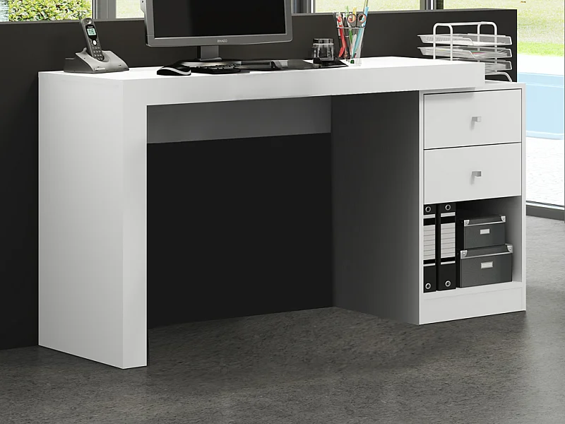 Bureau extensible 2 tiroirs et 1 niche - Coloris : Blanc - EVAN