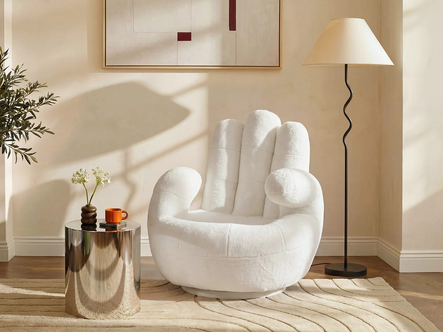 Fauteuil main pivotant CATCHY en fausse fourrure -  Blanc