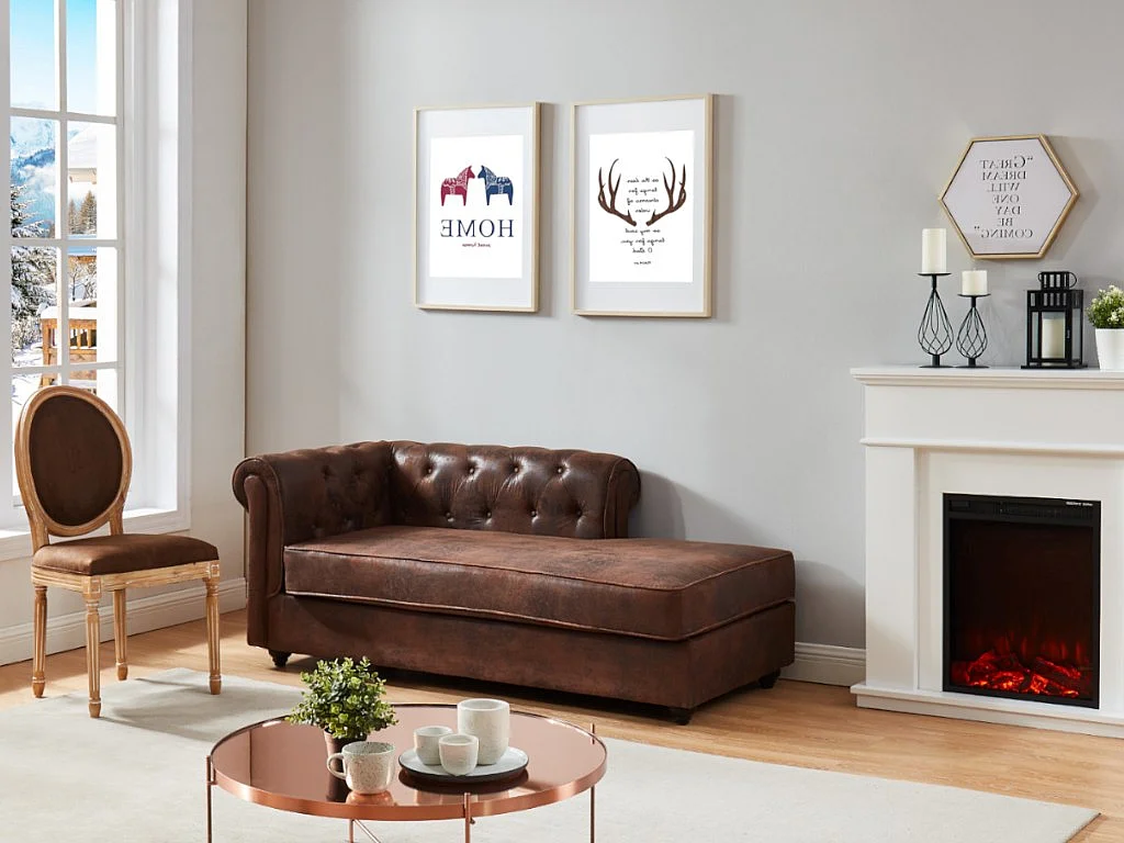 Méridienne droite chesterfield en microfibre aspect cuir vieilli SHIREL
