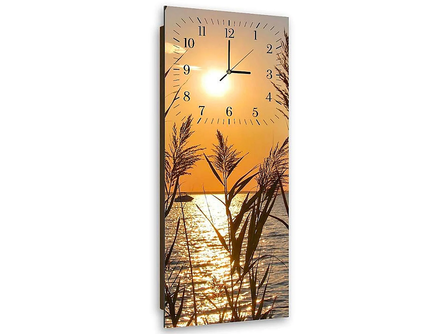 Horloge Murale Paysage Soleil Couchant Silhouette Herbes - 25 x 65 cm