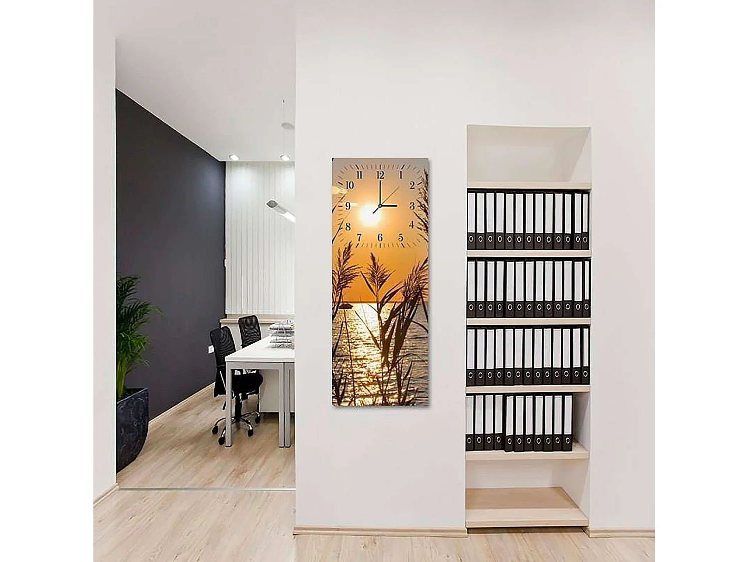 Horloge Murale Paysage Soleil Couchant Silhouette Herbes - 25 x 65 cm