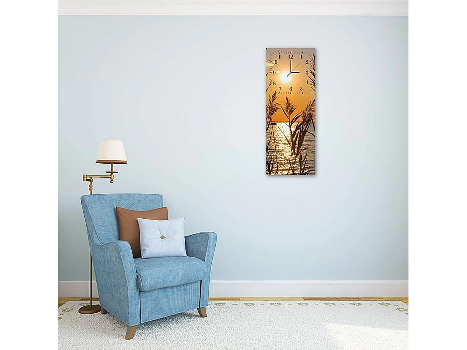 Horloge Murale Paysage Soleil Couchant Silhouette Herbes - 25 x 65 cm