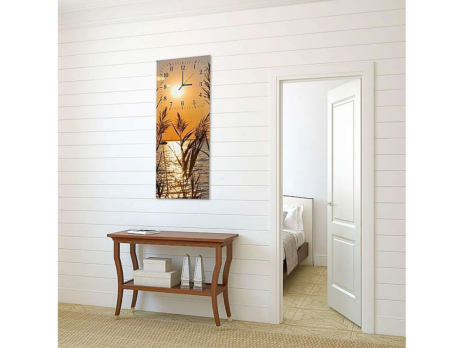 Horloge Murale Paysage Soleil Couchant Silhouette Herbes - 25 x 65 cm