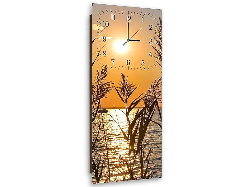 Horloge Murale Paysage Soleil Couchant Silhouette Herbes - 25 x 65 cm