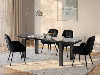 Mesa de jantar extensível de 8 a 10 lugares em vidro temperado e metal Preto - LUBANA