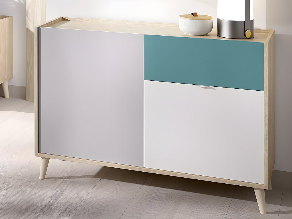 Tavolino Scandinavo Con Ante Scorrevoli, Decoro In Legno Scanalato