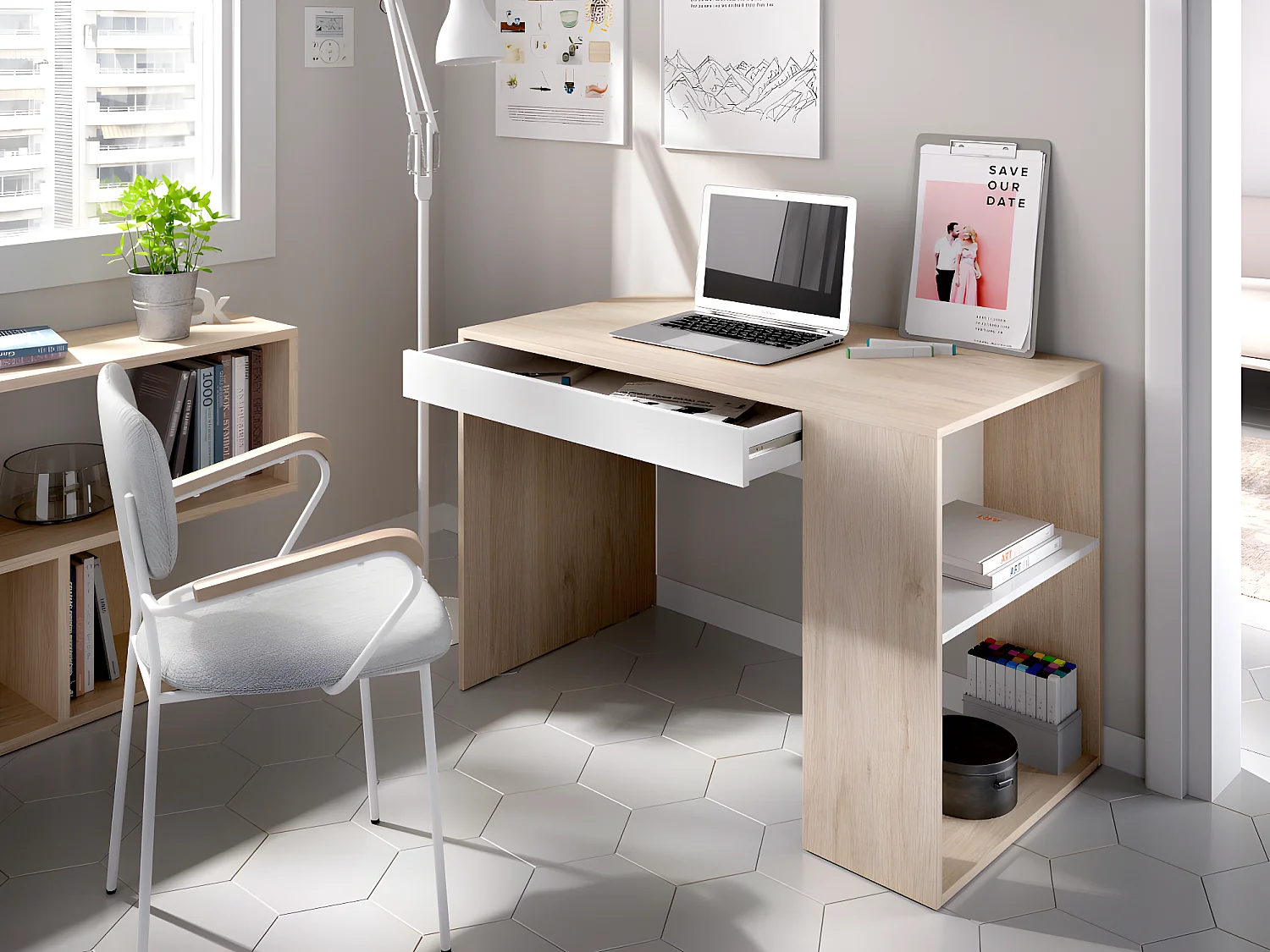 Bureau avec rangements INES - Coloris : Chêne et Blanc