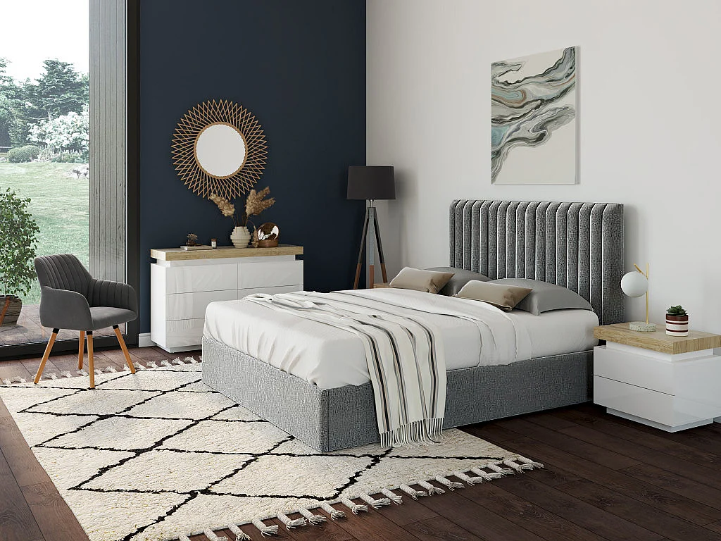 Cama sommier com cabeceira de tecido cinza 160 x 200 cm SARAH